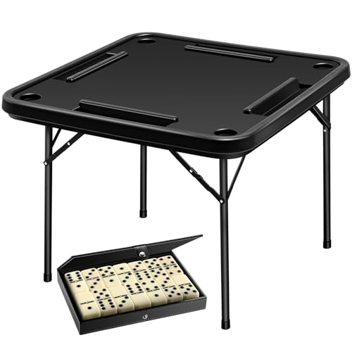 Purpeak 2-teiliges Domino-Spieltisch-Set, zusammenklappbar, 96,5 cm, Kunststofftisch und Standard-Domino mit Lederbox, Kartenspiel, quadratischer Tisch mit 28 Fliesen, Punkt-Domino-Spielset für Kinder von Purpeak