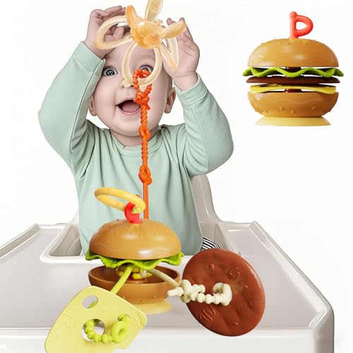 Purphy 3-in-1 Burger Beißring Hochstuhl Spielzeug mit Saugnapf, Snackschale für Babys, Baby Spielzeug Beißspielzeug Baby, BPA-Frei [Anti-Verlust-Kette, 42cm] von Purphy