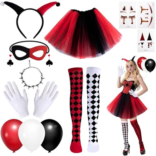13-teiliges Clown-Kostüm-Set für Damen, Narrenkostüm, Clown-Kostüm, Zubehör für Halloween, Karneval, Cosplay, Party, Clownrock, Socken, Stirnband, Handschuhe, Augenmaske, Gesichtsmaske, Halsketten 13-teiliges Clown-Kostüm-Set für Damen, Narrenkostüm, Clown-Kostüm, Zubehör für Halloween, Karneval, Cosplay, Party, Clownrock, Socken, Stirnband, Handschuhe, Augenmaske, Gesichtsmaske, Halsketten von Purple Star