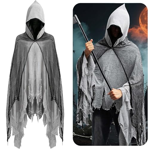 Halloween-Kostüm mit Kapuze, Vintage-Stil, für Erwachsene, Sensenmann, Netz-Umhang, gruseliger Spuktod, Hexe, Geisterkostüm für Cosplay, Halloween-Party, Mittelalter-Renaissance, Gaze-Umhang von Purple Star