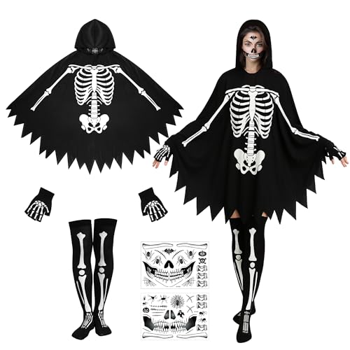 Purple Star 5-teiliges Halloween-Kostüm für Erwachsene, Skelett-Kostüm, schwarz, mit Kapuze, Poncho, Skelett-Umhang-Set mit Handschuhen, Socken, Gesichtsaufklebern, Tag der Toten, Geist, Vampir Purple Star 5-teiliges Halloween-Kostüm für Erwachsene, Skelett-Kostüm, schwarz, mit Kapuze, Poncho, Skelett-Umhang-Set mit Handschuhen, Socken, Gesichtsaufklebern, Tag der Toten, Geist, Vampir von Purple Star