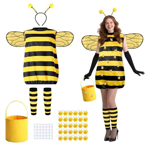 Violetter Stern Bienenkostüm Damen Erwachsene Biene Cosplay Kostüm Set Hummel Halloween Outfit Königin Bienenkleid mit Flügeln Stirnband Beinärmel für Halloween Party Zubehör von Purple Star