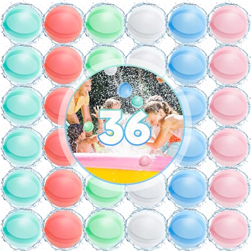 Purpledi 36 Stück Wiederverwendbare Wasserballons, Silikon Wasserbombe, Schnell Befüllbare Weiche Wasserbomben, Pool Spielzeug, Strandspielzeug, Wasserbomben aus Silikon, Wasserspielzeug Outdoor von Purpledi