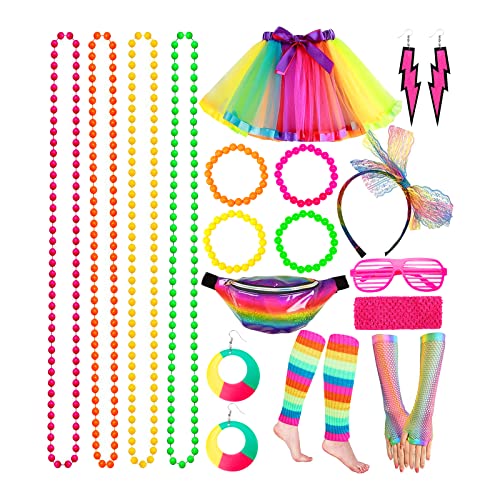 Purpledi 80er Jahre Outfit Damen Accessoires Set, Kostüm Accessoires 80er, Damen Rock Neon Halskette Armband Ohrring Fingerlose Handschuhe Stirnband Bauchtasche, Kinder Jahre Outfit Damen Party Purpledi 80er Jahre Outfit Damen Accessoires Set, Kostüm Accessoires 80er, Damen Rock Neon Halskette Armband Ohrring Fingerlose Handschuhe Stirnband Bauchtasche, Kinder Jahre Outfit Damen Party von Purpledi