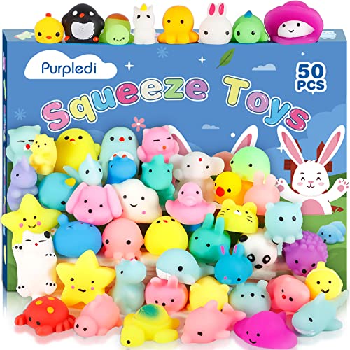 Purpledi 50 Stück Squishies Kawaii Soft Silikon Spielzeug Anti ,Soft Squeeze Stressabbau Squishies Stress Spielzeug mit Verschiedenen Tiermotiven, Mitgebsel Kindergeburtstag Gastgeschenke von Purpledi