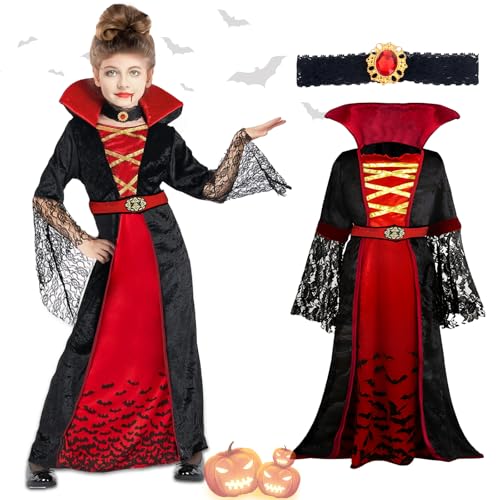 Purpledi Halloween Vampir Kostüm Kinder Mädchen, Vampirkostüm Mädchen, Vampir Kostüm Gothic Halloween Kleid, Halloweenkostüm für Fasching Cosplay Mottoparty L von Purpledi