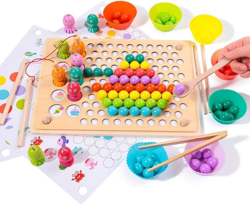 Purpledi Holz Montessori Spielzeug, Clip Perlen Puzzle Brettspiele, Angelspiel Lernspielzeug Magnetisches Fischspielzeug, Kinder Vorschule Farben Sortier Stapelspielzeug für 2 3 4 5 Jahre alt Kinder von Purpledi