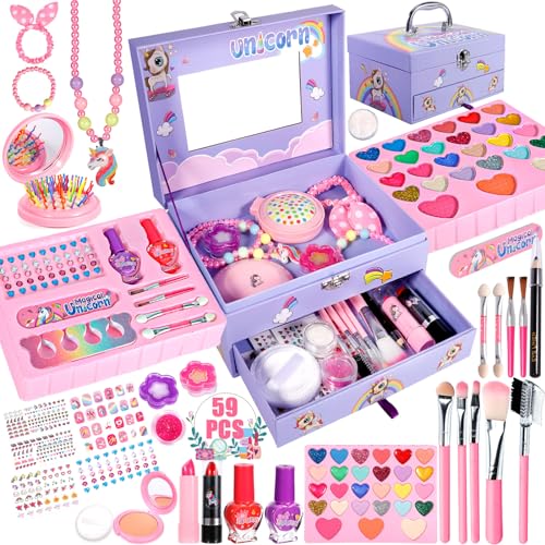 Purpledi Kinderschminke Schminkkoffer Mädchen Schminke Kinder - 59pcs Waschbar Schminke Kinder Make Up Set Mädchen Spielzeug Weihnachts Geburtstags Geschenke für Mädchen 4 5 6 7 8 9 10 11 12 Jahre von Purpledi