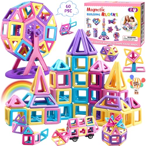 Purpledi Magnetische Bausteine 60 Teile Magnet Spielzeug Kinder - Magnetspiel Magnetbausteine, Magnetic Building Blocks Lernspielzeug Spielzeug Geschenk Weihnachten für Kinder ab 3 4 5 6 7 Jahre von Purpledi