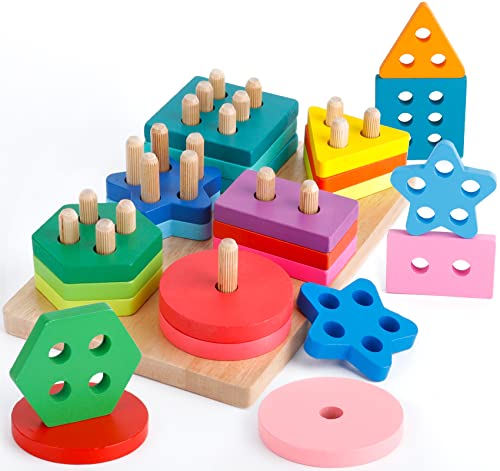 Purpledi Montessori Spielzeug ab 1 2 3 Jahre, Holz Sortier- & Stapelspielzeug mit 24 Stück geometrische Blöcke, Formklassifizierung Steckwürfel Sortier & Stapelspielzeug Lernspielzeug Geschenk von Purpledi