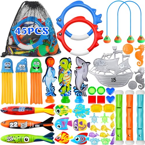 Purpledi Schwimmbad Tauchspielzeug Set 46PCS, Kinder Pool Spielzeug, Wasserspielzeug Outdoor für Kinder mit Tauchtür Tauchstöcke Edelsteine Pool Spielzeug Schwimmspielzeug für Tauchtraining Schwimmbad von Purpledi