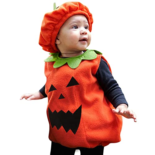Baby Halloween Kostüm Kürbis Outfit,Orange Halloween Kürbis Kostüm,Festival Lustig Niedlich Party Fancy Strampler mit Kürbissen Hut, Halloween Baby Cosplay Overall (011-Orange, 12-18 Months) von Pursuit-W