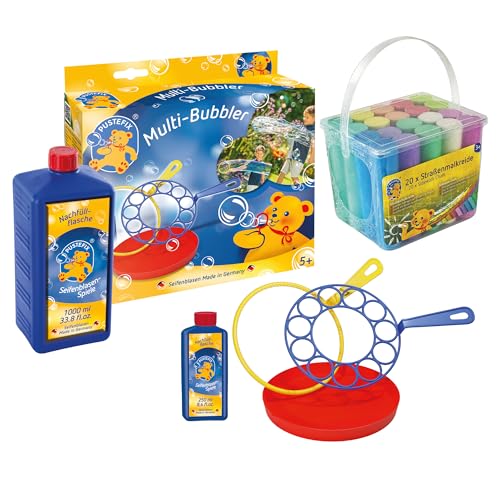 MALEFIX Straßenkreide 20er Packung + PUSTEFIX Multi-Bubbler mit Seifenblasen Nachfüllflasche 1 L I Spiel & Spaß für Kinder I PUSTEFIX Seifenblasen Set von Pustefix