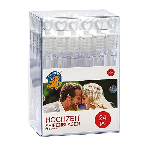 PUSTEFIX Seifenblasen Hochzeit 24 Stück I Bezaubernde Hochzeit Seifenblasen mit Herzgriff I Stylische Gastgeschenke Hochzeit im Reagenzglas Design von Pustefix
