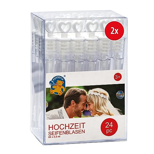 PUSTEFIX Seifenblasen Hochzeit 2X 24 Stück I Bezaubernde Hochzeit Seifenblasen mit Herzgriff I Stylische Gastgeschenke Hochzeit im Reagenzglas Design von Pustefix