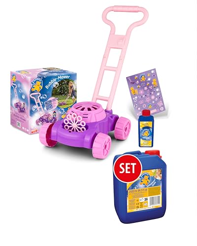 PUSTEFIX Bubble-Mower Rasenmäher Pink & 2,5L Nachfüllkanister I Lustiges Seifenblasen Kinder Set mit Seifenblasen Flüssigkeit I Besonders viele Bunte Bubbles von Pustefix