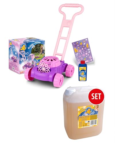 PUSTEFIX Bubble-Mower Rasenmäher Pink & 5L Nachfüllkanister I Lustiges Seifenblasen Kinder Set mit Seifenblasen Flüssigkeit I Besonders viele Bunte Bubbles von Pustefix