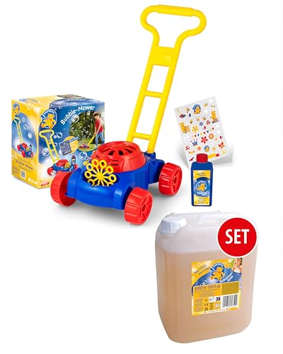 PUSTEFIX Bubble-Mower Rasenmäher & 5L Nachfüllkanister I Lustiges Seifenblasen Kinder Set mit Seifenblasen Flüssigkeit I Besonders viele Bunte Bubbles von Pustefix