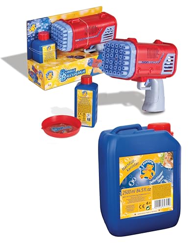 PUSTEFIX Bubble Party Bazooka & 2,5L Nachfüllkanister I Lustiges Seifenblasen Kinder Set mit Seifenblasen Flüssigkeit I Besonders viele Bunte Bubbles von Pustefix