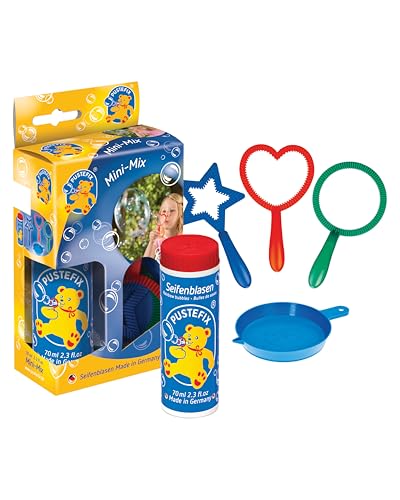 PUSTEFIX Mini-Mix 3 Bubble-Ringe I 70 ml Seifenblasenwasser I Bubbles Made in Germany I Seifenblasen Spielzeug für Kindergeburtstag, Hochzeit, Sommerfest I 3 Puste-Ringe für Kinder & Erwachsene von Pustefix