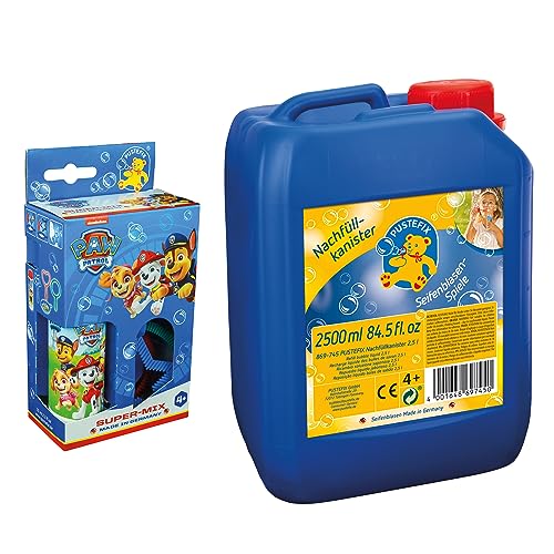 PUSTEFIX Mini-Mix PAW Patrol 70ml I Puste-Ringe Seifenblasen Set I Seifenblasen Kinder Set mit Herz-, Kreis-, Stern-Blasring + Nachfüllkanister 2,5L von Pustefix