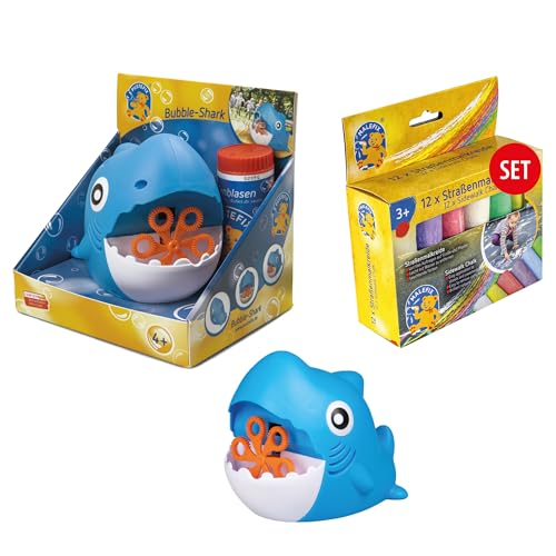 PUSTEFIX Mini Seifenblasenmaschine Hai & MALEFIX Straßenkreide 12er Packung I Seifenblasen Kinder Set I Bubble Spaß bei Kinderpartys & Geburtstagen von Pustefix