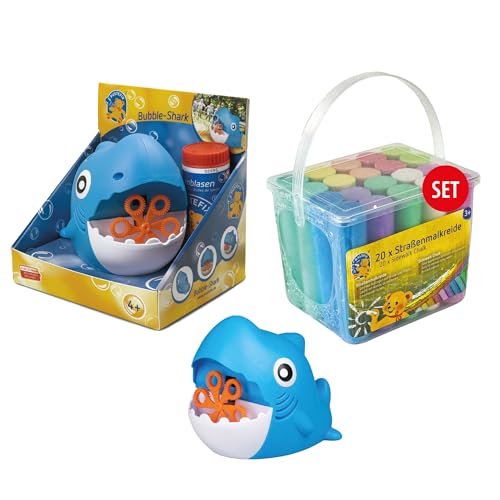 PUSTEFIX Mini Seifenblasenmaschine Hai & MALEFIX Straßenkreide 20er Packung I Seifenblasen Kinder Set I Bubble Spaß bei Kinderpartys & Geburtstagen von Pustefix