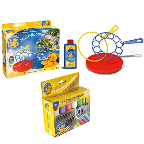 PUSTEFIX Multi Bubbler + MALEFIX Straßenmalkreide 12er I Seifenblasenwasser 250ml, Bunte Ringe & Teller + eine Box leuchtender Straßenkreide Farben PUSTEFIX Multi Bubbler + MALEFIX Straßenmalkreide 12er I Seifenblasenwasser 250ml, Bunte Ringe & Teller + eine Box leuchtender Straßenkreide Farben von Pustefix
