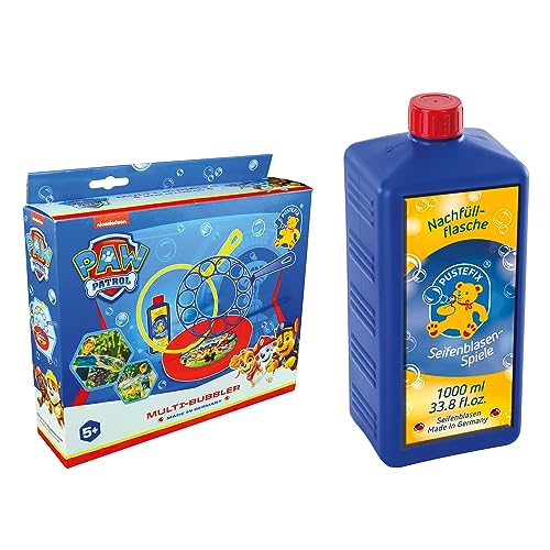 PUSTEFIX Multi-Bubbler PAW Patrol 250ml I Seifenblasen Kinder Set mit 2 Ringen für Kindergeburtstag UVM. I Große Seifenblasen + Seifenblasen Nachfüllflasche Maxi 1L von Pustefix