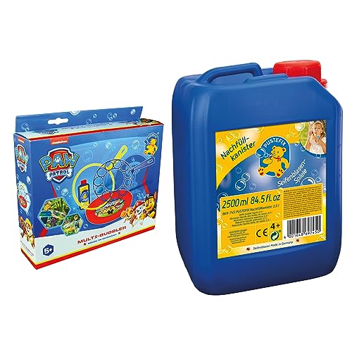 PUSTEFIX Multi-Bubbler PAW Patrol 250ml I Seifenblasen Kinder Set mit 2 Ringen für Kindergeburtstag UVM. I Große Seifenblasen + Nachfüllkanister 2,5L von Pustefix