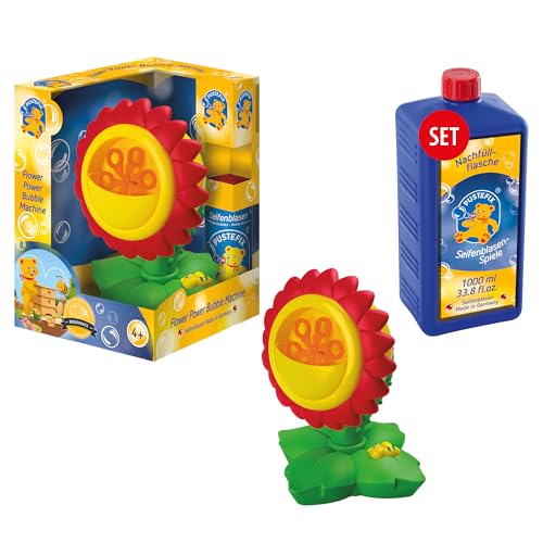PUSTEFIX Seifenblasenmaschine Flower Power & 1L Nachfüllflasche I Seifenblasen Kinder Set mit Seifenblasen Flüssigkeit I Besonders viele Bunte Bubbles von Pustefix