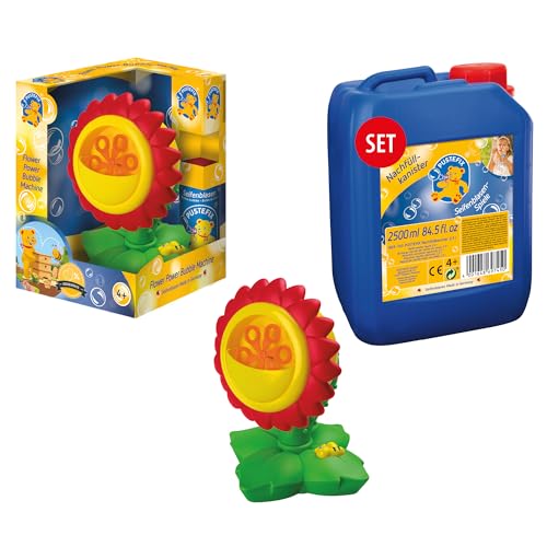 PUSTEFIX Seifenblasenmaschine Flower Power & 2,5L Nachfüllflasche I Seifenblasen Kinder Set mit Seifenblasen Flüssigkeit I Besonders viele Bunte Bubbles von Pustefix