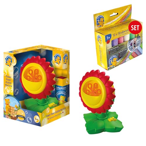 PUSTEFIX Seifenblasenmaschine Flower Power & MALEFIX Straßenkreide 12er Packung I Seifenblasen Kinder Set I Bubble Spaß bei Kinderparty & Geburtstag von Pustefix