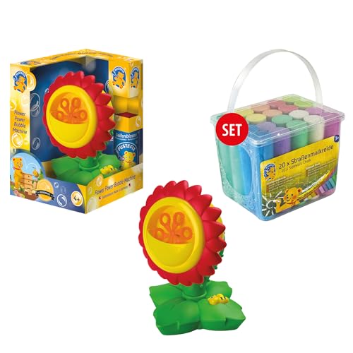 PUSTEFIX Seifenblasenmaschine Flower Power & MALEFIX Straßenkreide 20er Packung I Seifenblasen Kinder Set I Bubble Spaß bei Kinderparty & Geburtstag von Pustefix