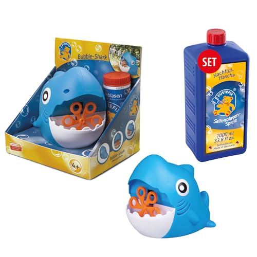 PUSTEFIX Seifenblasenmaschine Hai & 1L Nachfüllflasche I Lustiges Seifenblasen Kinder Set mit Seifenblasen Flüssigkeit I Besonders viele Bunte Bubbles von Pustefix