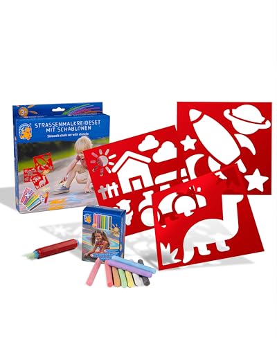 MALEFIX Straßenmalkreide Schablonen Set Adventure – 3 Schablonen, 18 Kreiden in 9 Farben, 1 Kreidehalter – Perfekt für kreative Kunstwerke auf Hof & Gehwegen mit Abenteuermotiven und Schablonenhilfe von Pustefix