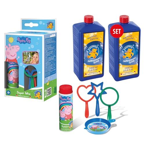 Pustefix Super-Mix Peppa Pig & 2 x Nachfüllflaschen Maxi 1 Liter I Seifenblasen Kinder Set I 70ml Seifenblasen Flüssigkeit I Bubbles für Partys & Geburtstage von Pustefix