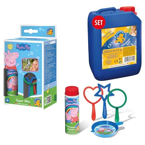 PUSTEFIX Super-Mix Peppa Pig & Nachfüllkanister 2,5 L I Seifenblasen Kinder Set I 70 ml Seifenblasen Flüssigkeit I Bunte Bubbles für Partys & Geburtstage von Pustefix