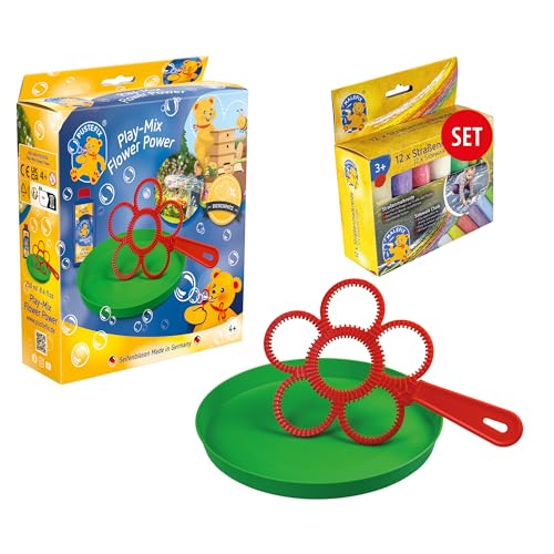 Pustefix Blasring Set FLOWER POWER & MALEFIX Straßenkreide 12er Packung I Seifenblasen Kinder Set I Spiel & Bubble Spaß bei Kinderparty & Geburtstag von Pustefix