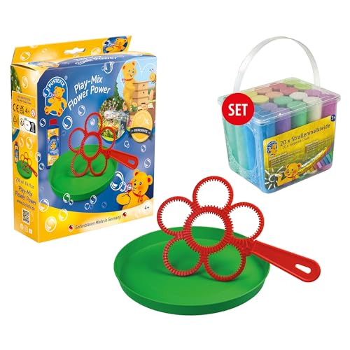 PUSTEFIX Blasring Set Flower Power & MALEFIX Straßenkreide 20er Packung I Seifenblasen Kinder Set I Spiel & Bubble Spaß bei Kinderparty & Geburtstag von Pustefix