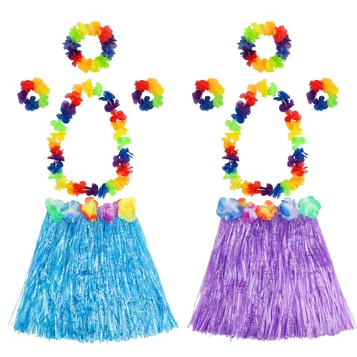 2 Sets hawaiianischer Hula-Grasrock für Luau-Party, Blumenkostüm-Set, hawaiianische Leis, Halskette, Stirnband, Armband, Set für Luau, tropische Strandpartys, Dekorationen, Gastgeschenke, Zubehör von Pusuny