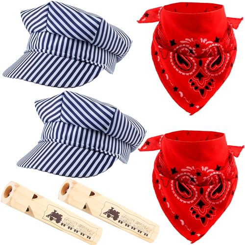6-teiliges Kinderzugleiter-Kostüm-Set, Zugleiter-Kappe, Paisleymuster, Bandana, Holzpfeife für Halloween, Party, Cosplay 6-teiliges Kinderzugleiter-Kostüm-Set, Zugleiter-Kappe, Paisleymuster, Bandana, Holzpfeife für Halloween, Party, Cosplay von Puteraya