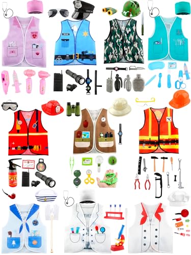 Puteraya 10 Sets Kinderkostüme Rollenspiel-Outfits Bauarbeiter Polizei Feuerwehrmann Arzt Wissenschaftler Krankenschwester Forscher Militär Koch Marine Rollenspielweste für Kinder Cosplay Partyzu von Puteraya