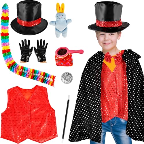 Puteraya 9-teiliges Zauberer-Kostüm für Kinder, Zauberer, Rollenspiel, Outfit mit Weste, Tasche, Reißverschluss, Handschuhen, Hut, Umhang, Zauberstab für Halloween von Puteraya