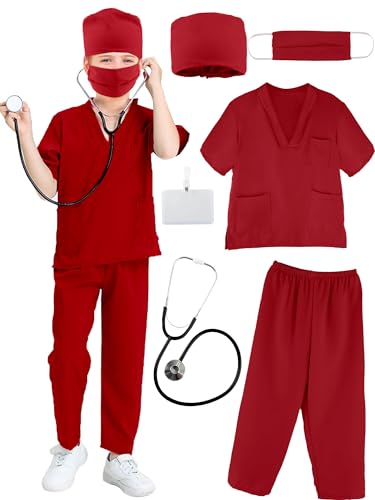 Puteraya Arzt-Kostüm-Set für Kinder, Chirurgischer Anzug, Uniform für Jungen und Mädchen, Halloween, Cosplay, Weinrot, 10–12 Jahre (150–160 cm) von Puteraya