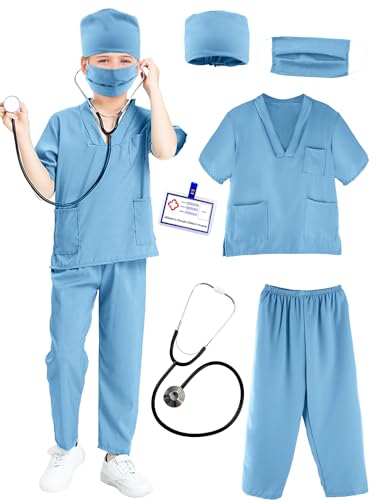 Puteraya Arzt-Kostüm-Set für Kinder, Chirurgischer Anzug, Uniform für Jungen und Mädchen, Halloween, Cosplay (Hellblau, 8–10 Jahre (140–150 cm) von Puteraya