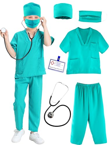 Puteraya Arzt-Kostüm-Set für Kinder, Chirurgischer Anzug, Uniform für Jungen und Mädchen, Halloween, Cosplay (grün, 8–10 Jahre (140–150 cm) von Puteraya