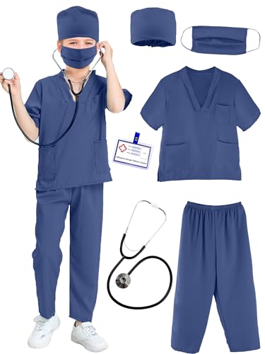 Puteraya Arzt-Kostüm-Set für Kinder, Chirurgischer Anzug, Uniform für Jungen und Mädchen, Verkleidung, Halloween, Cosplay (Dunkelblau, 8–10 Jahre (140–150 cm) von Puteraya