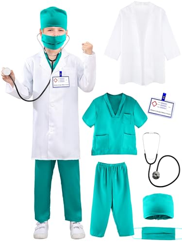 Puteraya Kinder Arzt Kostüm Set Chirurgenanzug Arztuniform Wissenschaftleruniform mit Stethoskop Spielzeug für Jungen Mädchen Verkleiden Halloween Cosplay (Arztkostüm-Set 1, 9-12 Jahre (140-150 cm)) von Puteraya