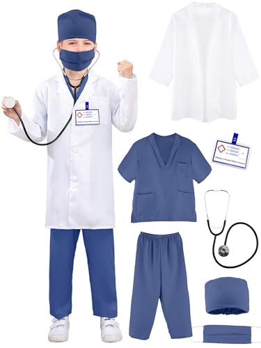 Puteraya Kinder Arzt Kostüm Set Chirurgenanzug Arztuniform Wissenschaftleruniform mit Stethoskop Spielzeug für Jungen Mädchen Verkleiden Halloween Cosplay (Arztkostüm-Set 4, 9-12 Jahre (140-150 cm)) von Puteraya